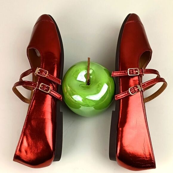 Womens Cherry Red Metallic Square Toe Double Strap Mary Jane Shoes/flats sz 11.5 - Picture 5 of 11